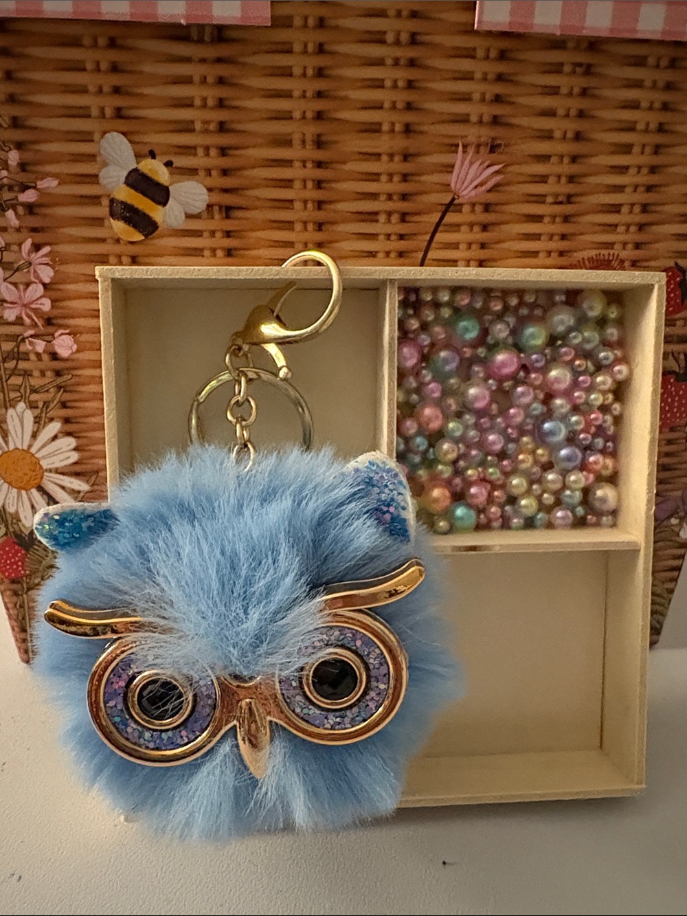 Blue Fuzzy Owl Keychain with Gold Accents